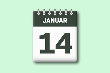 14. Januar - Die Kalender Illustration zeigt ein Kalenderblatt auf gr?nem Hintergrund. Vierzehnter Tag vom Monat Januar