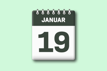 19. Januar - Die Kalender Illustration zeigt ein Kalenderblatt auf gr?nem Hintergrund. Neunzehnter Tag vom Monat Januar