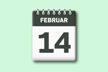 14. Februar - Die Kalender Illustration zeigt ein Kalenderblatt auf gr?nem Hintergrund. Vierzehnter Tag vom Monat Februar