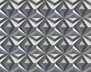 Abstract geometric background with triangles and rhombuses. Three dimensional alternating shapes with corners. Decoration for fabric or bed linen. Seamless repeating pattern. Sharp geometric structure