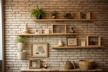 The idea of incorporating a brick wall, driftwood shelves, and a frame into the decor is being...
