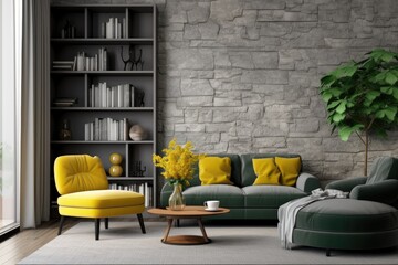 The living room features an attractive grey stone wall, adding a decorative touch to the home interior design. The room is complemented by a yellow sofa chair and a bookshelf. A large green vase with