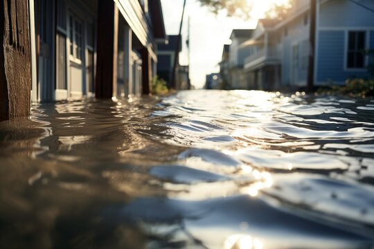 A close up of floodwaters overtaking streets.