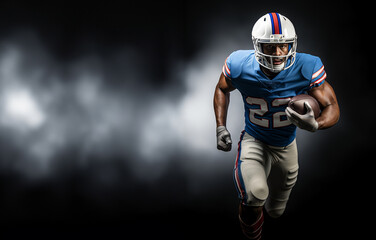 An American football player in a white and blue uniform and a helmet Runs with a ball in his hands. Black background with white smoke. Generative Ai