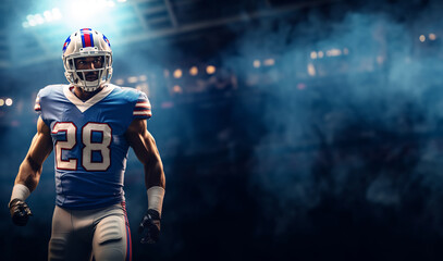 An American football player stands in a white and blue uniform and a helmet. Black background with spotlights and haze Generative Ai - obrazy, fototapety, plakaty