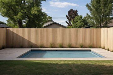 The fenced backyard of a newly built house features a rectangular swimming pool with tan concrete borders. - obrazy, fototapety, plakaty