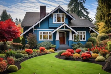 The house has an attractive appearance with its blue paint and red roof, and the front landscape design is lovely.