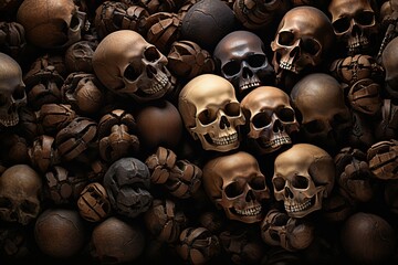 Pile of human skulls and bones background
