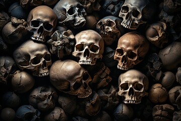 Pile of human skulls and bones background