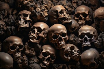 Pile of human skulls and bones background