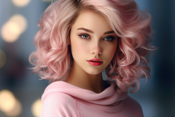 Fototapeta premium Beautiful woman with pink hair in a pink sweater. AI generative.