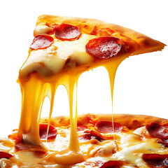 A hot pizza slice with dripping melted cheese. isolated on transparent background cutout,...