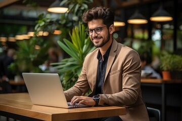Smiling indian businessman working on laptop in modern office lobby space