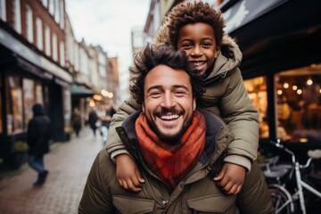 Smiling man piggybacking boyfriend in city