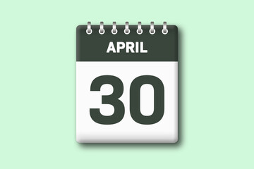 30. April - Die Kalender Illustration zeigt ein Kalenderblatt auf gr?nem Hintergrund. Drei?igster Tag vom Monat April