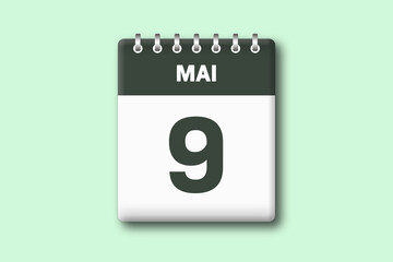 9. Mai - Die Kalender Illustration zeigt ein Kalenderblatt auf gr?nem Hintergrund. Neunter Tag vom Monat Mai