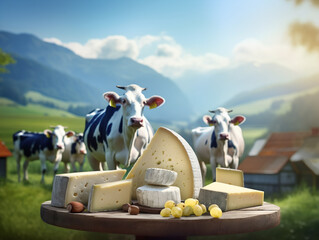 cheese and dairy product, locally produced, mountain cheese, switzerland, farm, cow milk, cheese platter, blue cheese, cream, butter, nuts, local production at the farm, grass, fields, organic