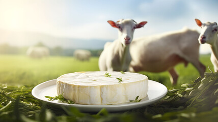 Goat cheese,  farmland, goats, agriculture, homemade goat cheese, locally produced, dairy product, white goats, in front of a field, grass, farm, mountain, goat milk, agriculture - obrazy, fototapety, plakaty