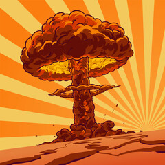 Nuclear explosion mushroom concept in cartoon style for print and design. Vector illustration.