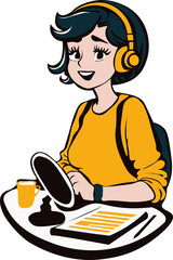 Woman at desk, working on a podcast