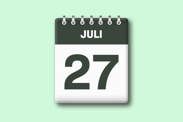 27. Juli - Die Kalender Illustration zeigt ein Kalenderblatt auf gr?nem Hintergrund. Siebenundzwanzigster Tag vom Monat Juli