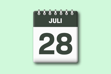 28. Juli - Die Kalender Illustration zeigt ein Kalenderblatt auf gr?nem Hintergrund. Achtundzwanzigster Tag vom Monat Juli