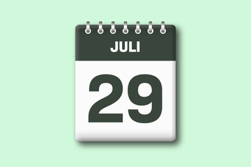 29. Juli - Die Kalender Illustration zeigt ein Kalenderblatt auf gr?nem Hintergrund. Neunundzwanzigster Tag vom Monat Juli