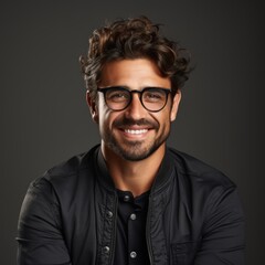 Obraz premium Latin hipster guy wearing glasses with his arms crossed and smiling on a white background