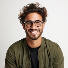 Latin hipster guy wearing glasses with his arms crossed and smiling on a white background