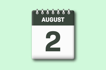 2. August - Die Kalender Illustration zeigt ein Kalenderblatt auf gr?nem Hintergrund. Zweiter Tag vom Monat August