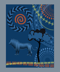 African patterns with lion silhouette, dark blue background. Vector illustration