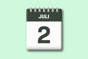 2. Juli - Die Kalender Illustration zeigt ein Kalenderblatt auf gr?nem Hintergrund. Zweiter Tag vom Monat Juli