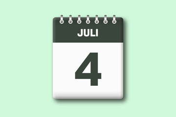 4. Juli - Die Kalender Illustration zeigt ein Kalenderblatt auf gr?nem Hintergrund. Vierter Tag vom Monat Juli