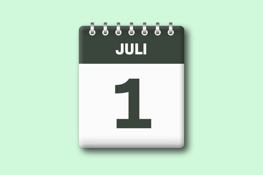 1. Juli - Die Kalender Illustration zeigt ein Kalenderblatt auf gr?nem Hintergrund. Erster Tag vom Monat Juli
