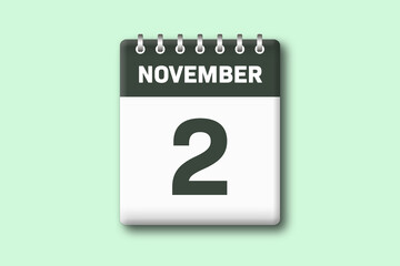 2. November - Die Kalender Illustration zeigt ein Kalenderblatt auf gr?nem Hintergrund. Zweiter Tag vom Monat November
