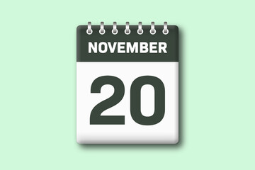 20. November - Die Kalender Illustration zeigt ein Kalenderblatt auf gr?nem Hintergrund. Zwanzigster Tag vom Monat November