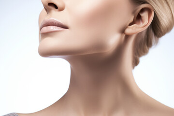 Close Up of Woman’s Neck With No Lines and Lifted Chin Isolated on a White Background