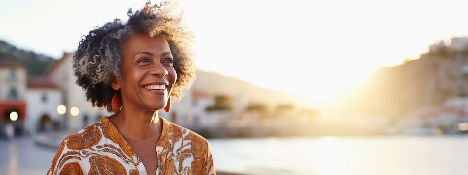 Lifestyle portrait of happy mature black woman with curly gray hair walking along idyllic waterfront boardwalk