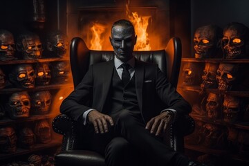 An incognito businessman is the embodiment of evil. Halloween concept. Background with selective focus and copy space - obrazy, fototapety, plakaty