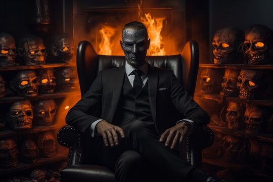 An incognito businessman is the embodiment of evil. Halloween concept. Background with selective focus and copy space