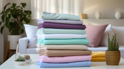 Stack of folded clean bed sheets laundry in modern home living room interior. Generative AI