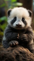 A tiny, cute baby panda sitting on the tip of the finger