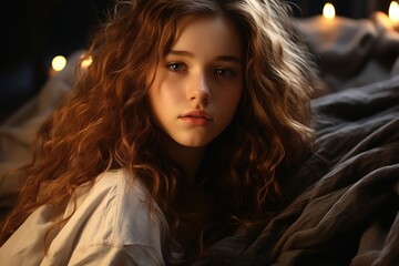 A portrait of a beautiful teen girl with brown hair on her bed.