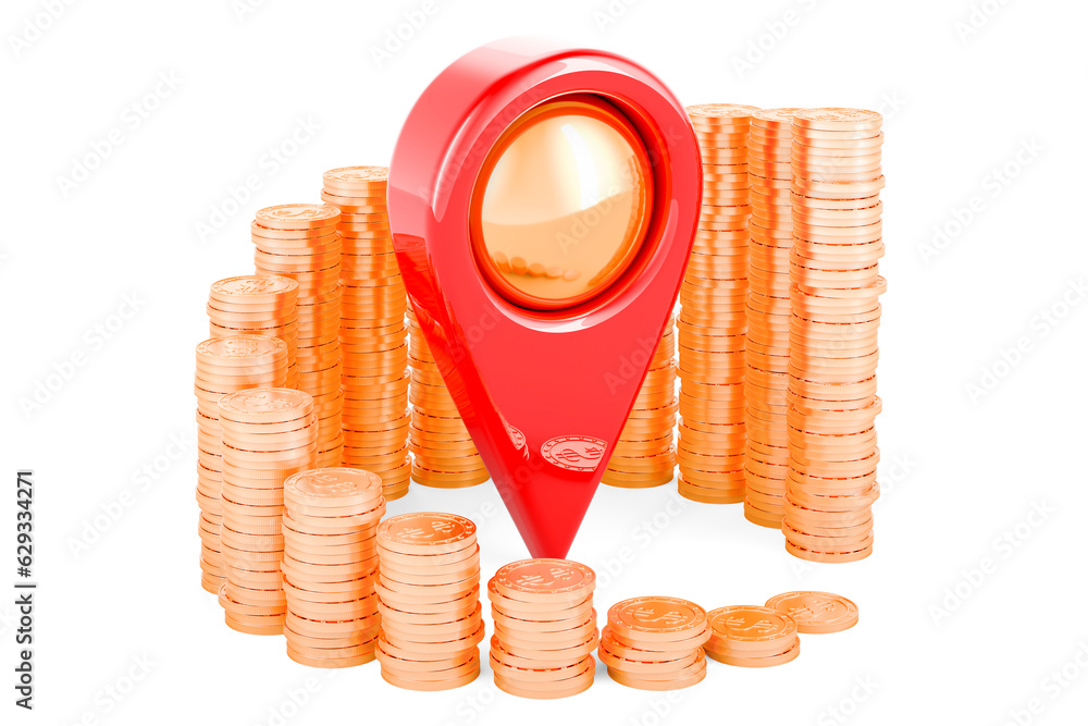 Poster map pointer with growing chart from gold coins around, 3d rendering