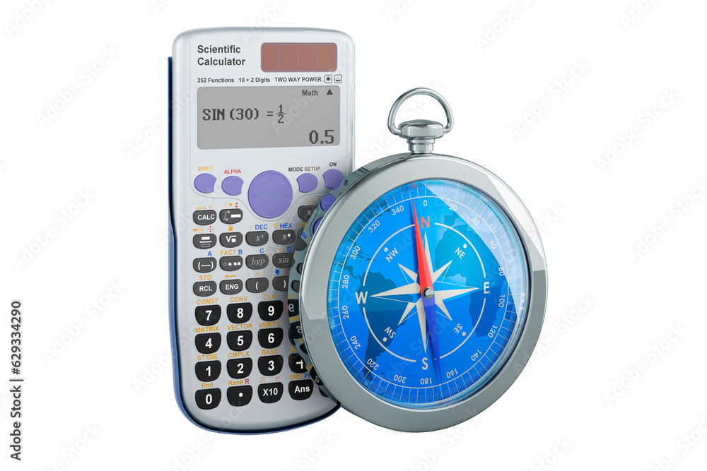 Poster scientific calculator with compass. 3d rendering