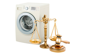 Washing machine with wooden gavel and scales of justice. 3D rendering