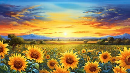 Golden sunflower field. Blossom sunflowers landscape. Hand Paint summer floral Impressionist style. Modern art. AI illustration for book covers, posters, banners and flyers. - obrazy, fototapety, plakaty