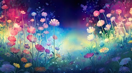 Obraz na płótnie Canvas Abstract cosmic landscape of field with blossoming flowers, magical galaxy space or universe. Floral AI illustration. Digital art..