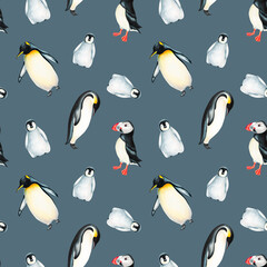 Watercolor seamless pattern with king penguins family and puffin bird isolated. Hand painting realistic Arctic and Antarctic ocean mammals. For designers, decoration, postcards, wrapping paper, s