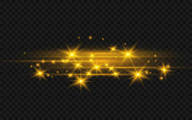 The dust sparks and golden stars shine with special light. Vector sparkles on a transparent background. Christmas light effect. Sparkling magical dust particles.